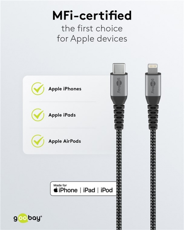 Goobay Lightning-USB-C™ textilkabel med metallkontakter, 1 m MFi-certifierad, elegant och extra robust laddnings- och synkroniseringskabel för Apple iPhone/iPad (svart, grå)