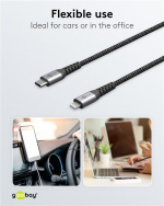 Goobay Lightning-USB-C™ textilkabel med metallkontakter, 2 m MFi-certifierad, elegant och extra robust laddnings- och synkroniseringskabel för Apple iPhone/iPad (svart, grå)