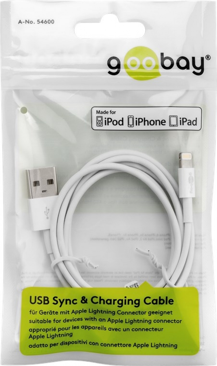 Goobay Lightning USB-kabel för laddning och synkronisering, 1 m, vit MFi-kabel för Apple iPhone/iPad