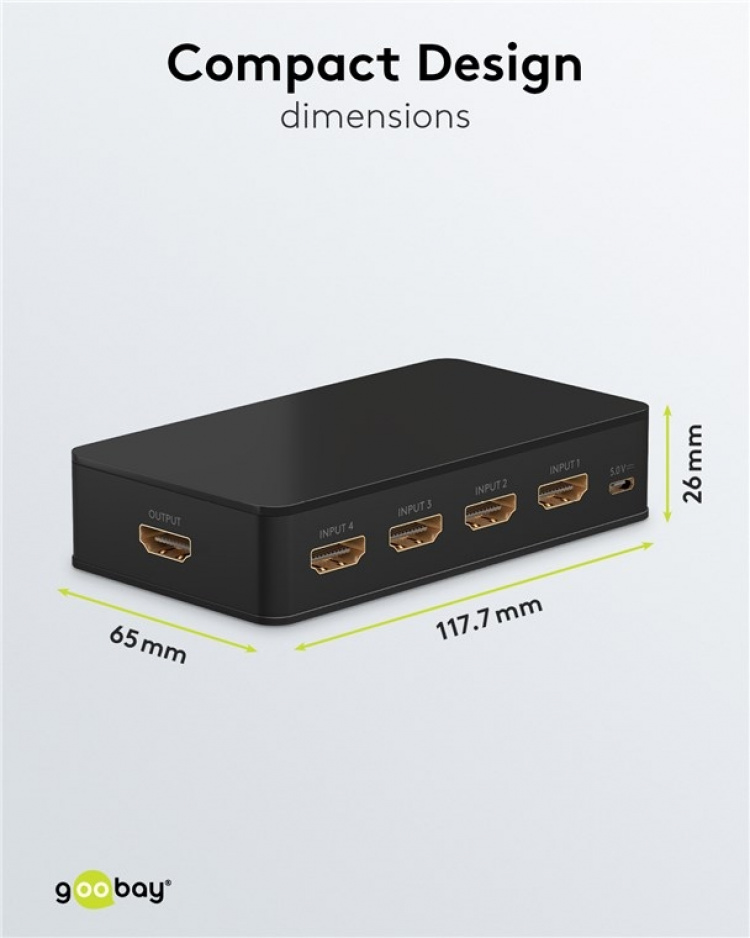 Goobay Manuell HDMI™-omkopplare 4 till 1 (4K @ 60 Hz) för att växla mellan 4x HDMI™-enheter som är anslutna till 1x HDMI™-skärm Goobay Manuell HDMI™-omkopplare 4 till 1 (4K @ 60 Hz) för att växla mellan 4x HDMI™-enheter som är anslutna till 1x HDMI™-skärm