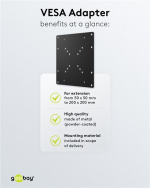 Goobay Sovitin TV:n seinäkiinnikkeeseen, jossa on VESA-mitta, kasvattaa TV:n kiinnitysreikien välisen etäisyyden enintään 200x200 mm:iin Goobay Sovitin TV:n seinäkiinnikkeeseen, jossa on VESA-mitta, kasvattaa TV:n kiinnitysreikien välisen etäisyyden enintään 200x200 mm:iin