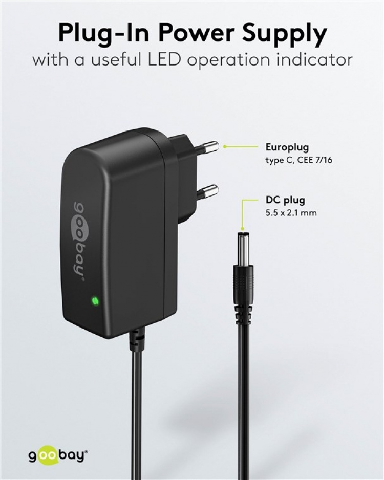 Goobay 12 V nätdel (7,2 W / 0,6 A) med centrumstift (han) 5,5 mm x 2,1 mm Goobay 12 V nätdel (7,2 W / 0,6 A) med centrumstift (han) 5,5 mm x 2,1 mm