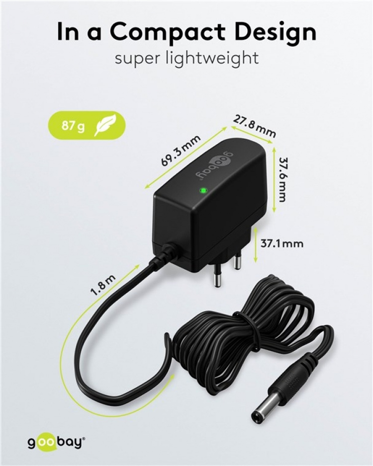 Goobay 12 V nätdel (7,2 W / 0,6 A) med centrumstift (han) 5,5 mm x 2,5 mm