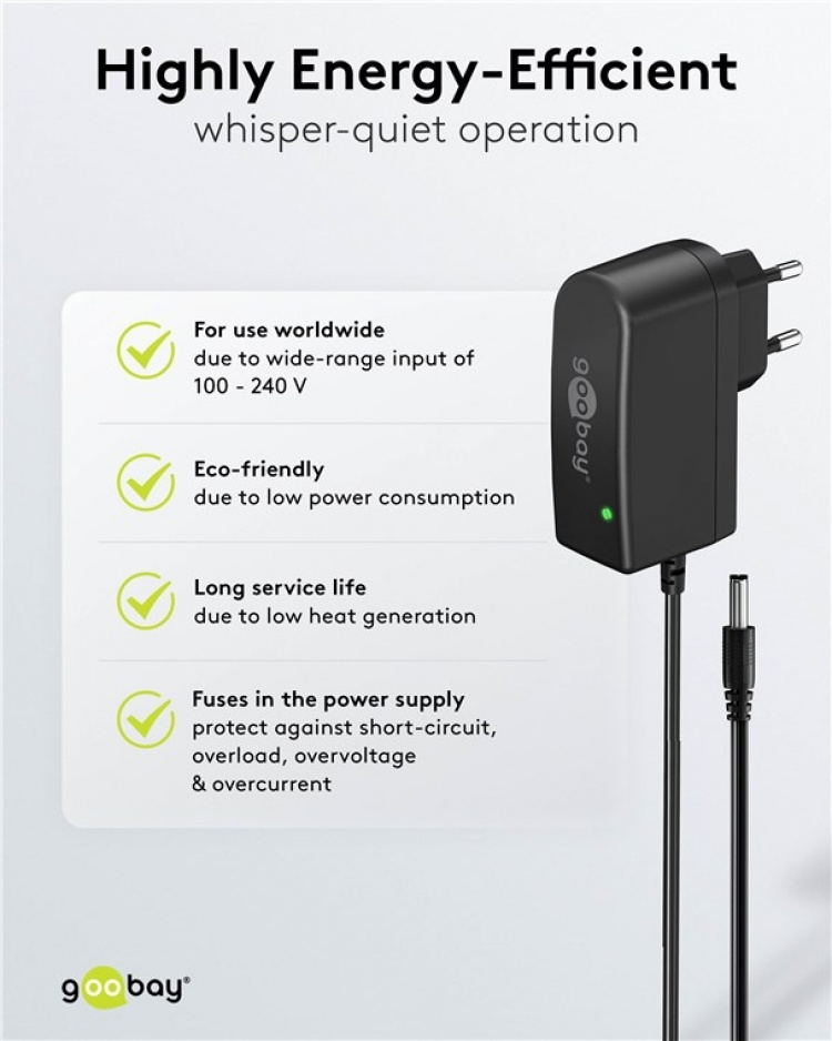 Goobay 12 V nätdel (7,2 W / 0,6 A) med centrumstift (han) 5,5 mm x 2,5 mm