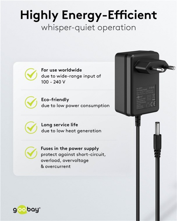 Goobay 12 V nätdel (18 W / 1,5 A) med centrumstift (han) 5,5 mm x 2,1 mm