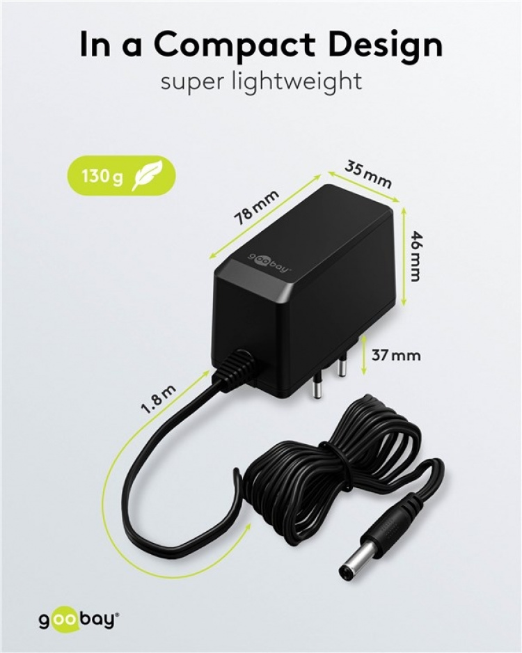 Goobay 12 V nätdel (27 W / 2,25 A) med centrumstift (han) 5,5 mm x 2,1 mm
