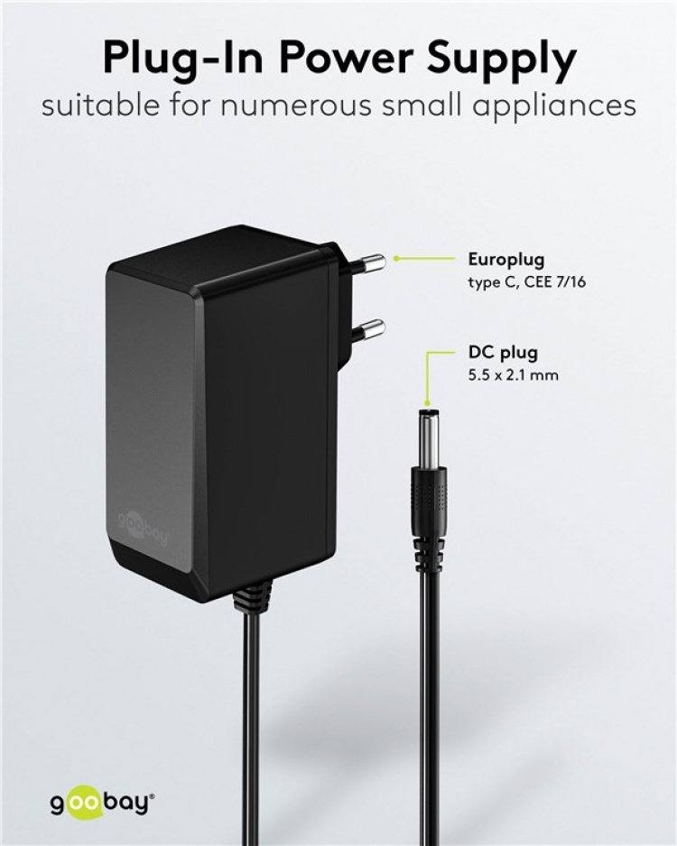 Goobay 12 V nätdel (27 W / 2,25 A) med centrumstift (han) 5,5 mm x 2,1 mm