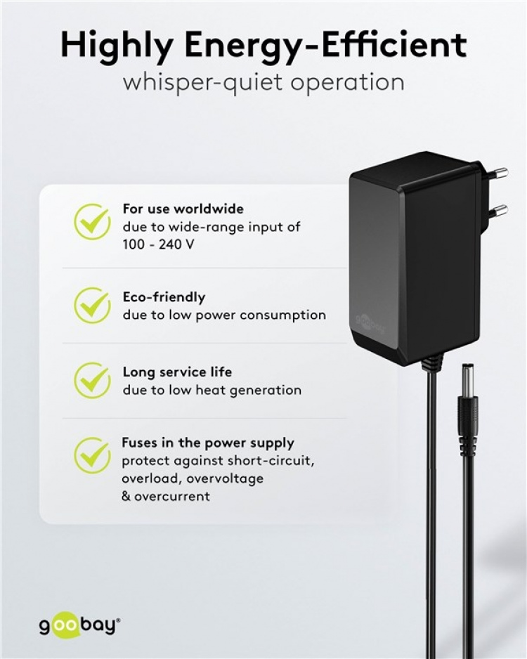 Goobay 12 V nätdel (27 W / 2,25 A) med centrumstift (han) 5,5 mm x 2,1 mm