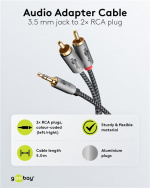 Goobay Ljudadapterkabel AUX, 3,5 mm jack till stereo RCA-kontakt, 5 m Pawl 3,5 mm plugg (3-stift, Stereo) > 2x RCA-kontakt (ljud vänster / höger)