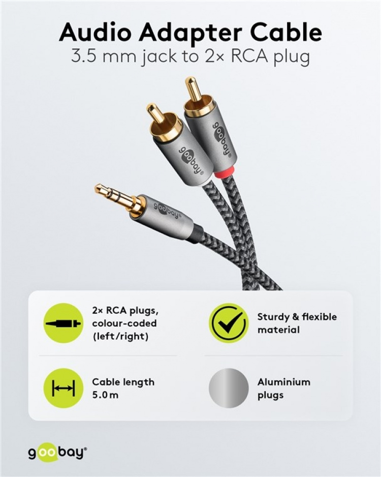 Goobay Ljudadapterkabel AUX, 3,5 mm jack till stereo RCA-kontakt, 5 m Pawl 3,5 mm plugg (3-stift, Stereo) > 2x RCA-kontakt (ljud vänster / höger)