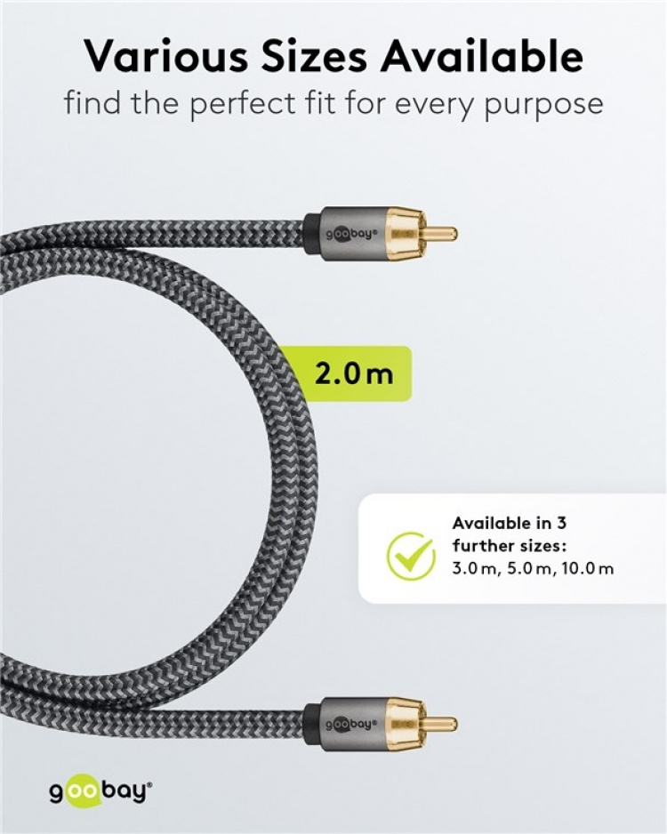 Goobay Mono RCA-kabel, 2 m Cinch kontakten (woofer, Center) > Cinch kontakten (woofer, Center)