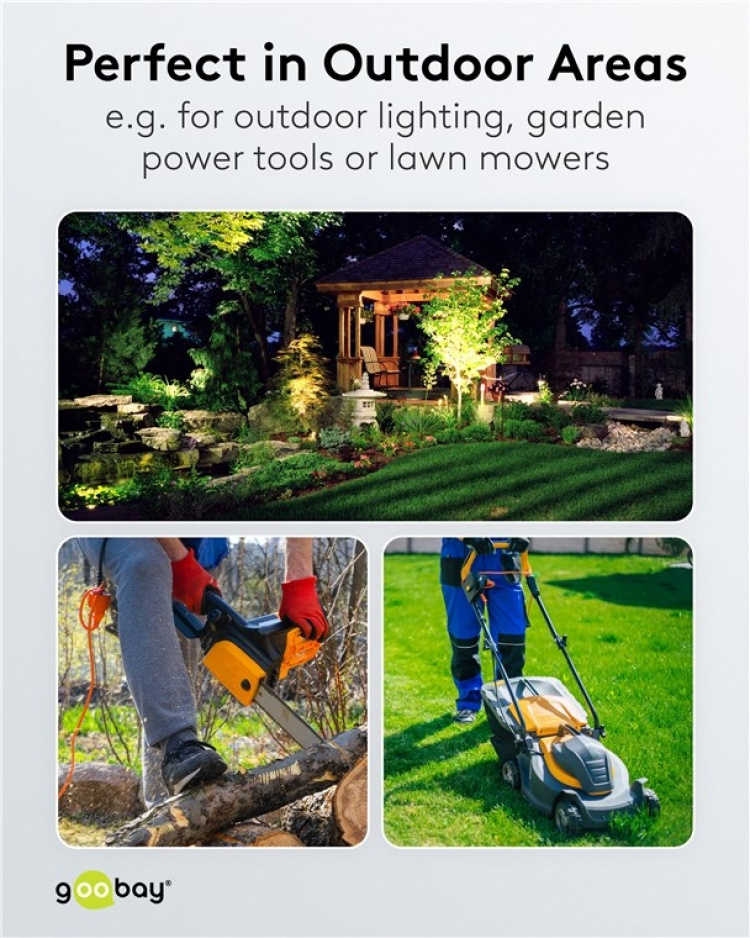 Goobay Ulkovirtakaapeli, 10 m, musta maadoitettu hybridipistoke (tyyppi E/F, CEE 7/7) > maadoitettu pistorasia (tyyppi F, CEE 7/3)