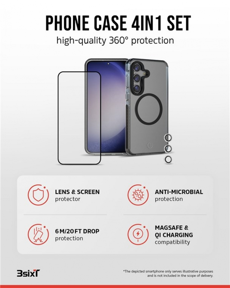 3SIXT 4in1 Protection Bundle mobilskal, skärmskydd, kameraskydd och stressfri applikator, kompatibel med Samsung Galaxy S24+, transparent 3SIXT 4in1 Protection Bundle mobilskal, skärmskydd, kameraskydd och stressfri applikator, kompatibel med Samsung Galaxy S24+, transparent