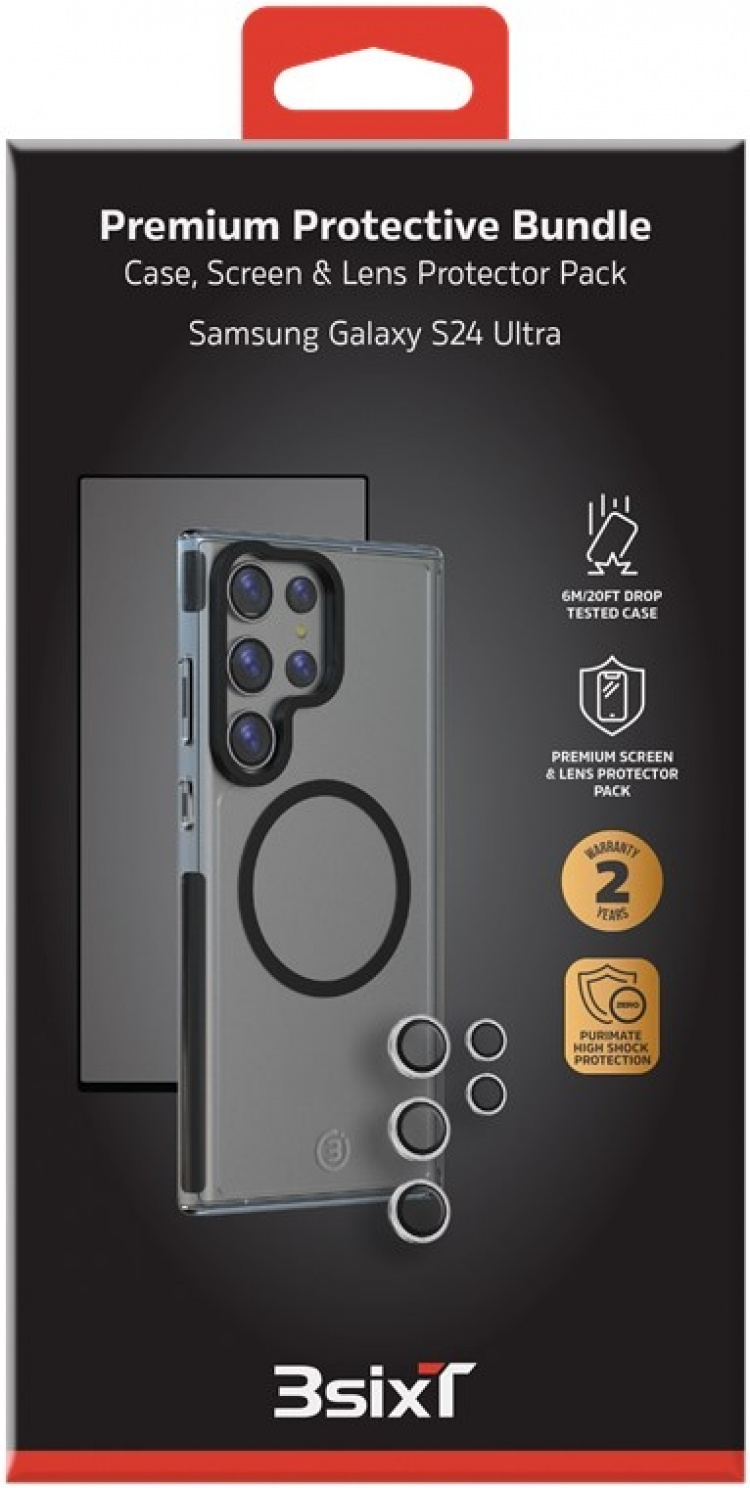 3SIXT 4in1 Protection Bundle mobilskal, skärmskydd, kameraskydd och stressfri applikator, kompatibel med Samsung Galaxy S24 Ultra, transparent 3SIXT 4in1 Protection Bundle mobilskal, skärmskydd, kameraskydd och stressfri applikator, kompatibel med Samsung Galaxy S24 Ultra, transparent