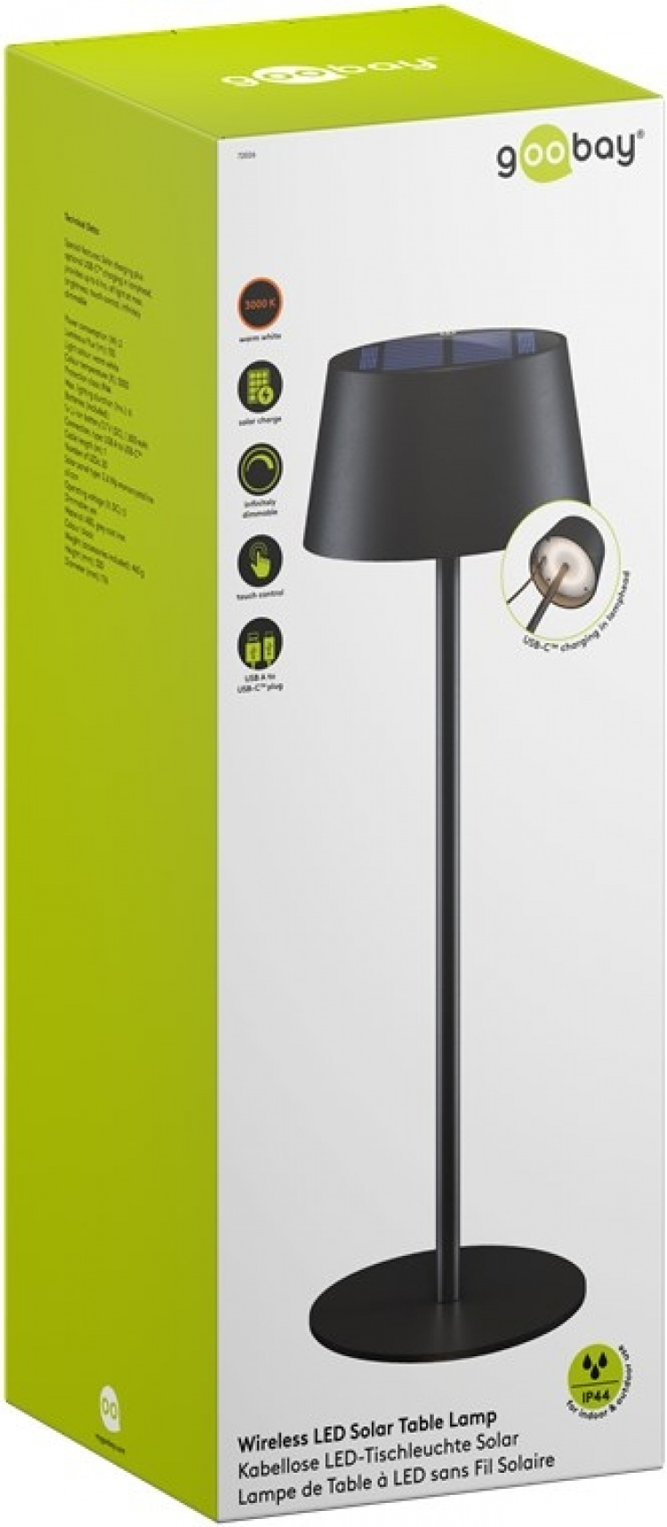 Goobay Trådlös LED-bordslampa med solcell, svart med touchkontroll, 150 lm, varmvit (3000 K), steglöst dimbar Goobay Trådlös LED-bordslampa med solcell, svart med touchkontroll, 150 lm, varmvit (3000 K), steglöst dimbar
