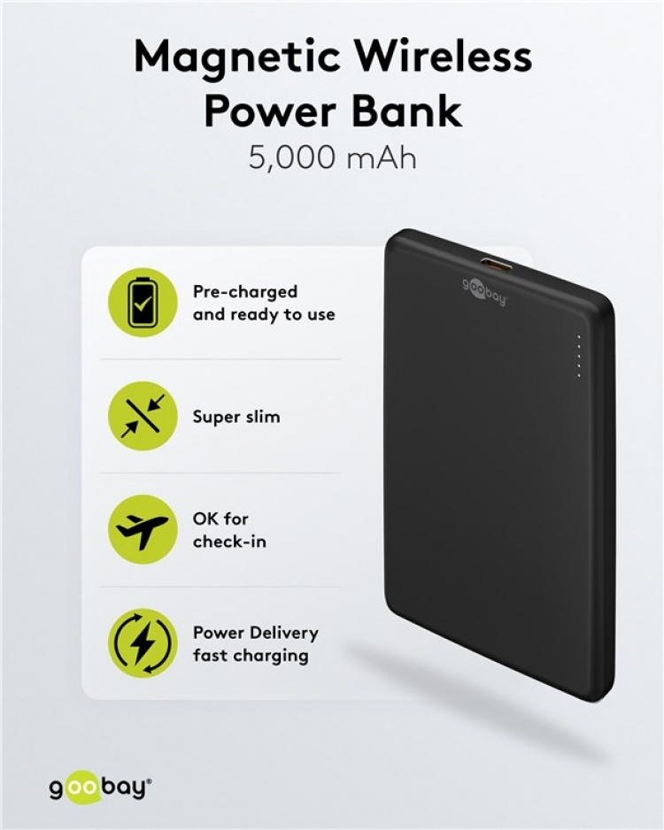Goobay Magnetisk trådlös powerbank 5.000 mAh fäster magnetiskt på baksidan av mobiltelefonen, perfekt för samtidig laddning och telefonering