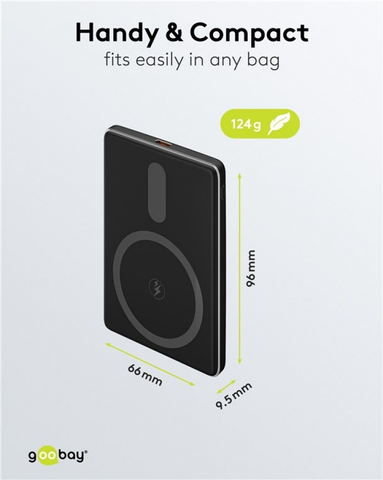 Goobay Magnetisk trådlös powerbank 5.000 mAh fäster magnetiskt på baksidan av mobiltelefonen, perfekt för samtidig laddning och telefonering