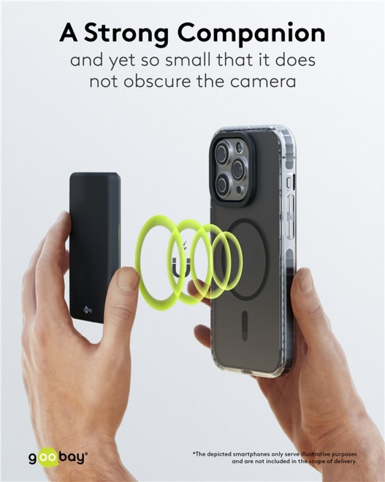 Goobay Magnetisk trådlös powerbank 5.000 mAh fäster magnetiskt på baksidan av mobiltelefonen, perfekt för samtidig laddning och telefonering