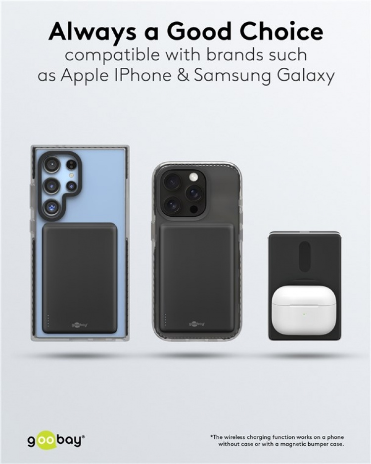 Goobay Magnetisk trådlös powerbank 5.000 mAh fäster magnetiskt på baksidan av mobiltelefonen, perfekt för samtidig laddning och telefonering