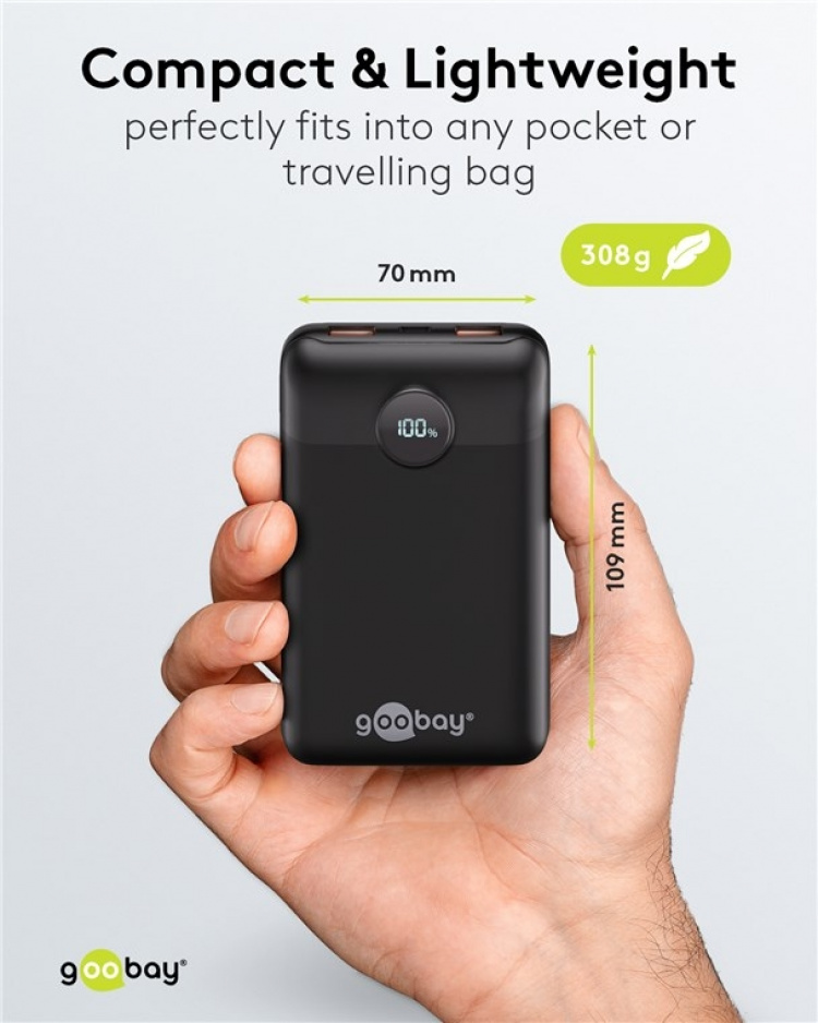 Goobay Powerbank 20.000 mAh extremt kompakt powerbank med Power Delivery och Quick Charge för snabbladdning