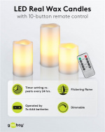 Goobay 3-pack LED-ljus av äkta vax, vita med timerfunktion och fjärrkontroll, dimbar, batteridriven