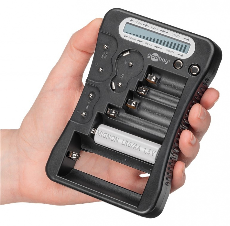 Goobay Batteriprovare med LCD-display för standard- och fotobatterier och alla vanliga knappceller Goobay Batteriprovare med LCD-display för standard- och fotobatterier och alla vanliga knappceller