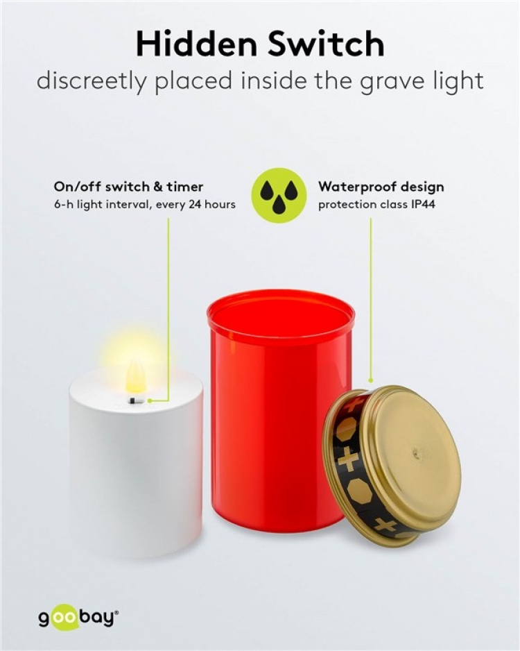 Goobay LED gravljus med timer, rött varmvit (2400 K), batteridriven (2x C/LR14), för inom- och utomhusbruk (IP44) Goobay LED gravljus med timer, rött varmvit (2400 K), batteridriven (2x C/LR14), för inom- och utomhusbruk (IP44)