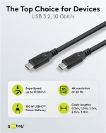 Goobay USB-C™-kabel, USB 3.2, 100 W, 10 Gbit/s, Power Delivery, 0,5 m USB-C™-kontakt > USB-C™-kontakt