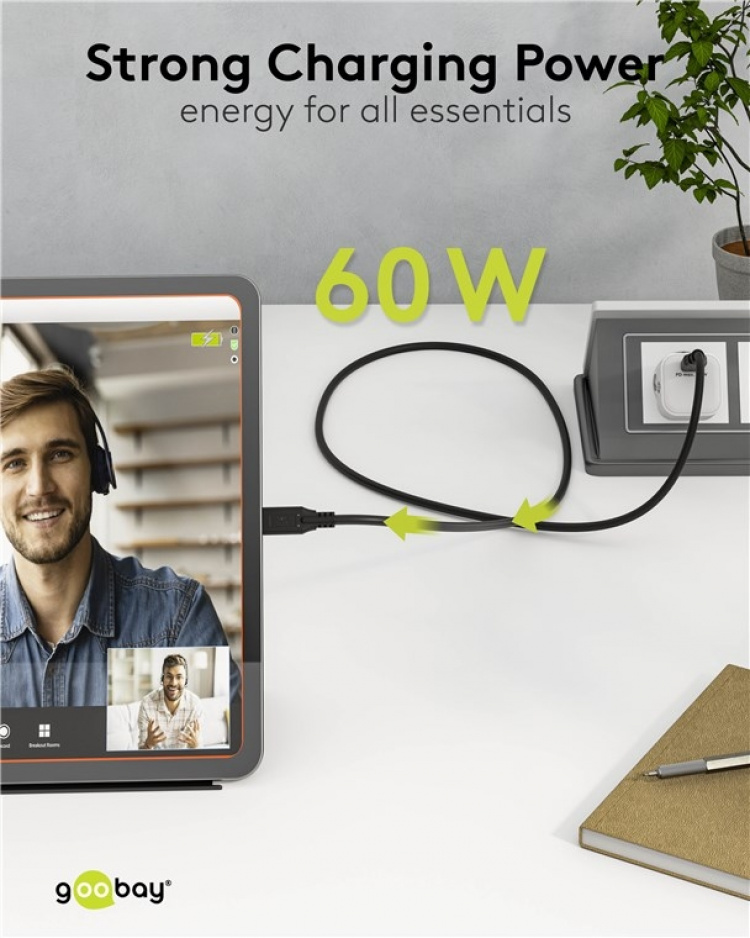 Goobay USB-C™-kabel, USB 3.2, 60 W, 5 Gbit/s, Power Delivery, 1,5 m USB-C™-kontakt > USB-C™-kontakt