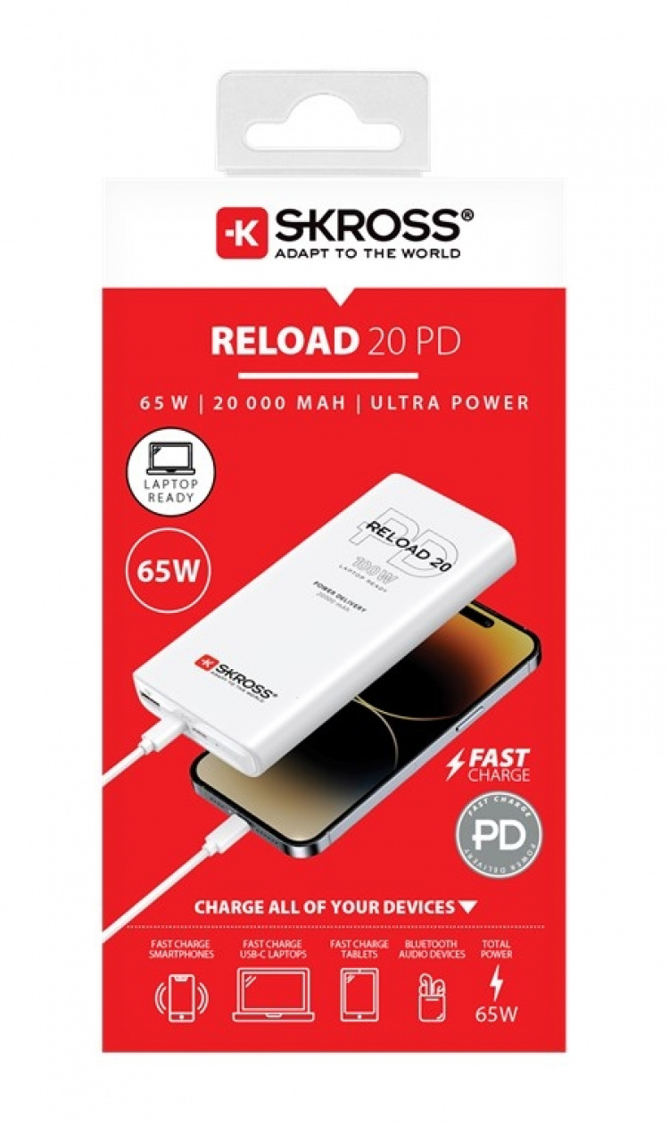 SKROSS Powerbank Reload 20 PD 65 W praktiskt extrabatteri med Power Delivery och Quick Charge för snabbladdning