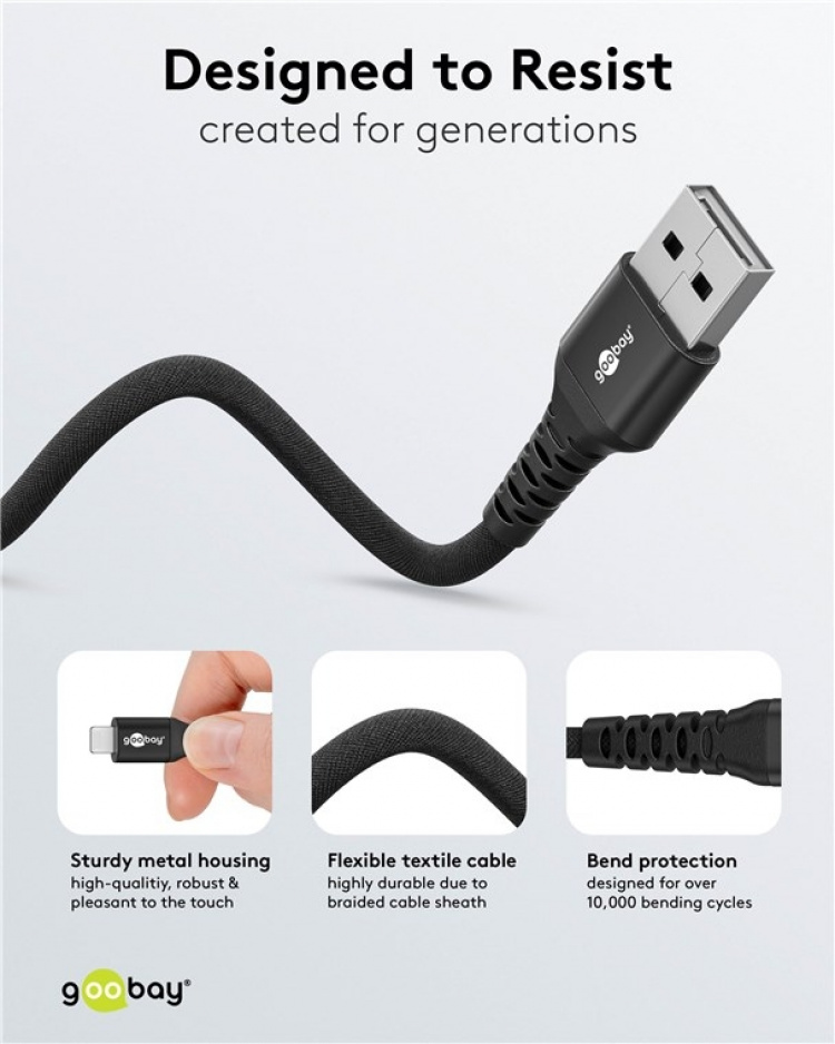 Goobay Lightning-USB-A superpehmeä tekstiilikaapeli metalliliittimillä, 1 m, musta MFi-sertifioitu, tyylikäs ja erittäin kestävä lataus- ja synkronointikaapeli Apple iPhonelle/iPadille (musta) Goobay Lightning-USB-A superpehmeä tekstiilikaapeli metalliliittimillä, 1 m, musta MFi-sertifioitu, tyylikäs ja erittäin kestävä lataus- ja synkronointikaapeli Apple iPhonelle/iPadille (musta)