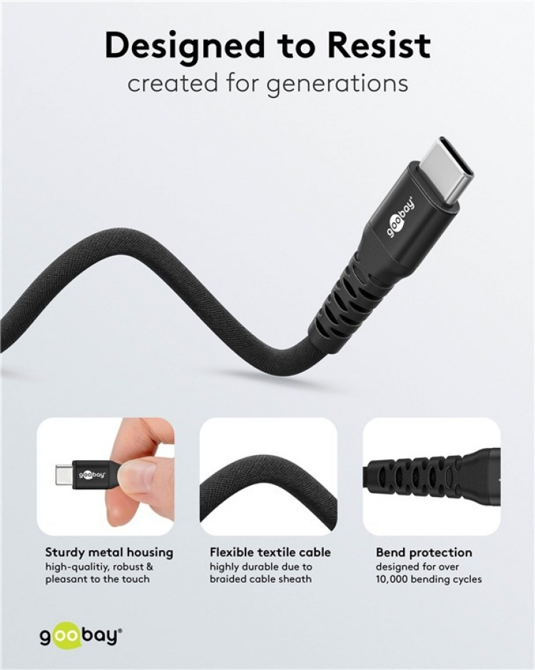 Goobay USB-C™ supersoft textilkabel med metallkontakter, 2 m, svart elegant och extra robust anslutningskabel för enheter med USB-C™-port Goobay USB-C™ supersoft textilkabel med metallkontakter, 2 m, svart elegant och extra robust anslutningskabel för enheter med USB-C™-port