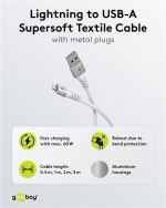 Goobay Lightning-USB-A supersoft textilkabel med metallkontakter, 1 m, vit MFi-certifierad, elegant och extra robust laddnings- och synkroniseringskabel för Apple iPhone/iPad (vit)