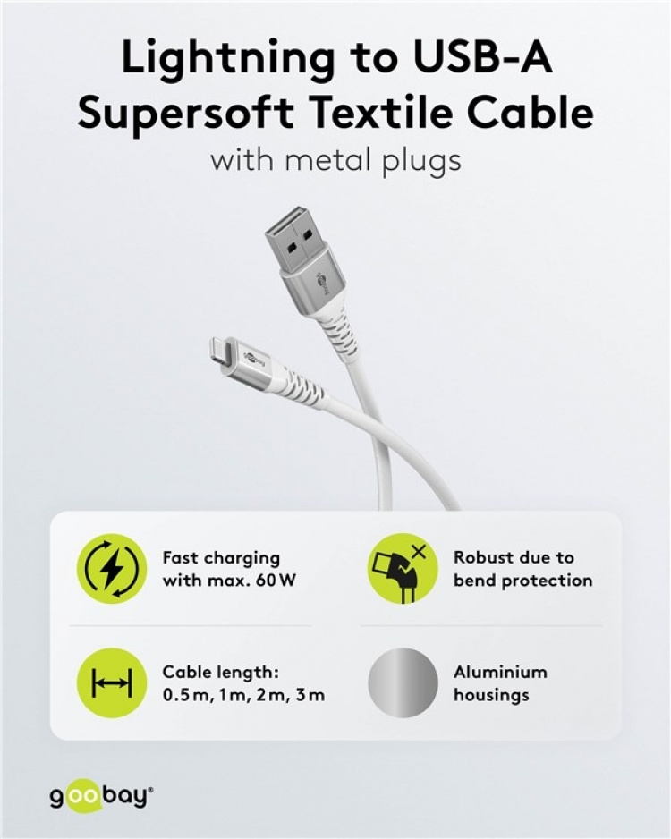 Goobay Lightning-USB-A supersoft textilkabel med metallkontakter, 1 m, vit MFi-certifierad, elegant och extra robust laddnings- och synkroniseringskabel för Apple iPhone/iPad (vit)