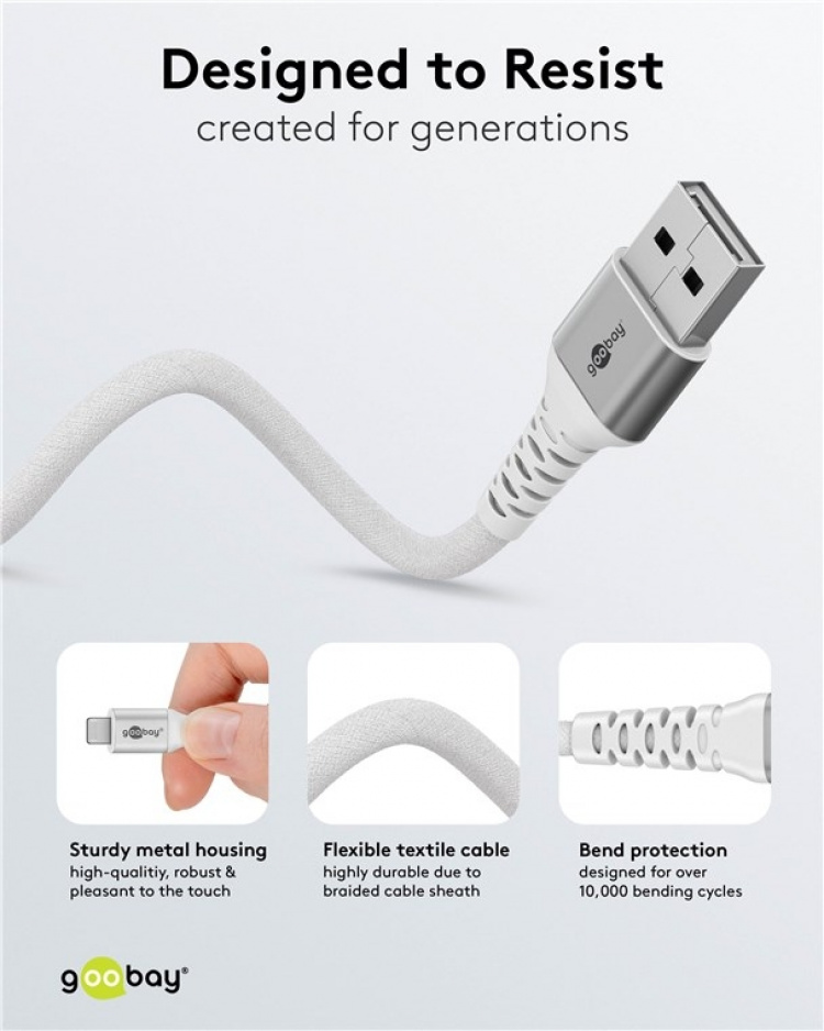 Goobay Lightning-USB-A supersoft textilkabel med metallkontakter, 1 m, vit MFi-certifierad, elegant och extra robust laddnings- och synkroniseringskabel för Apple iPhone/iPad (vit)