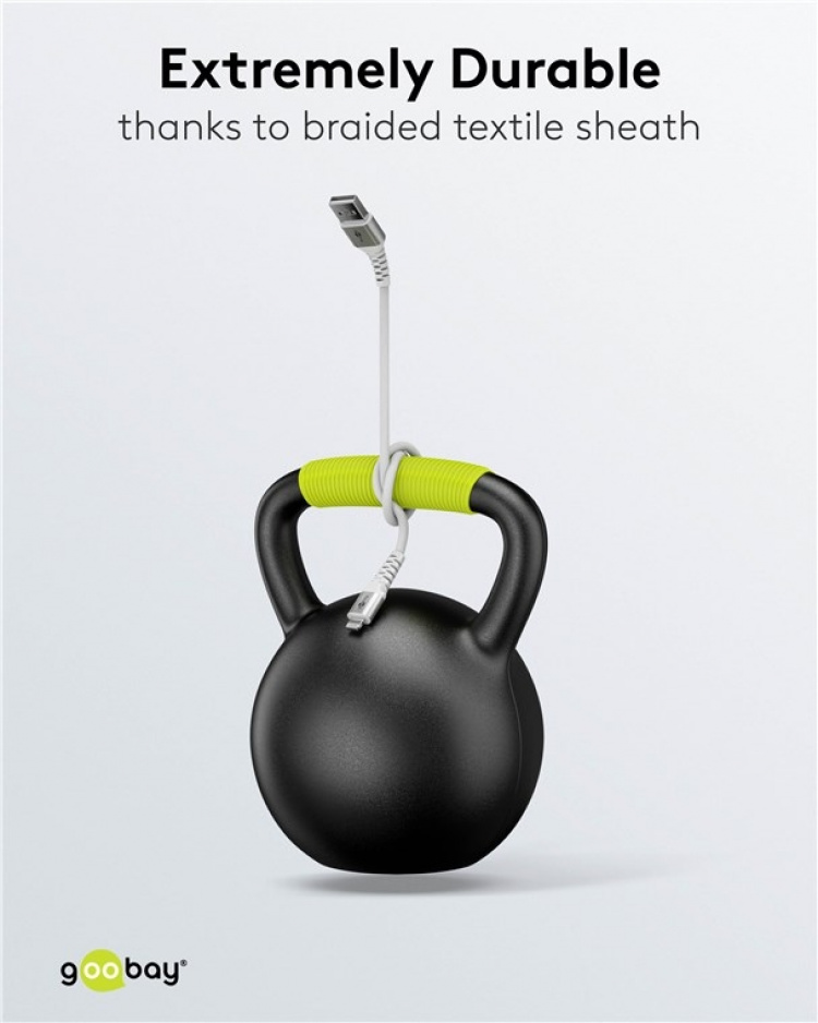 Goobay Lightning-USB-A supersoft textilkabel med metallkontakter, 3 m, vit MFi-certifierad, elegant och extra robust laddnings- och synkroniseringskabel för Apple iPhone/iPad (vit)