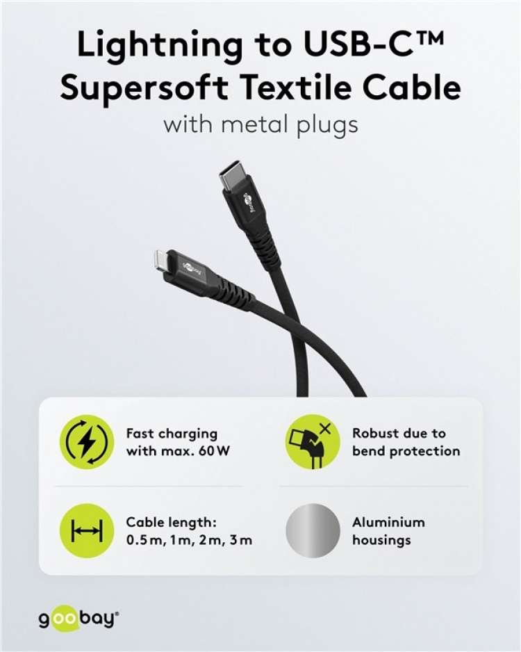 Goobay Lightning-USB-C™ supersoft textilkabel med metallkontakter, 1 m, svart MFi-certifierad, elegant och extra robust laddnings- och synkroniseringskabel för Apple iPhone/iPad (svart) Goobay Lightning-USB-C™ supersoft textilkabel med metallkontakter, 1 m, svart MFi-certifierad, elegant och extra robust laddnings- och synkroniseringskabel för Apple iPhone/iPad (svart)