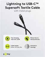 Goobay Lightning-USB-C™ supersoft textilkabel med metallkontakter, 2 m, svart MFi-certifierad, elegant och extra robust laddnings- och synkroniseringskabel för Apple iPhone/iPad (svart)