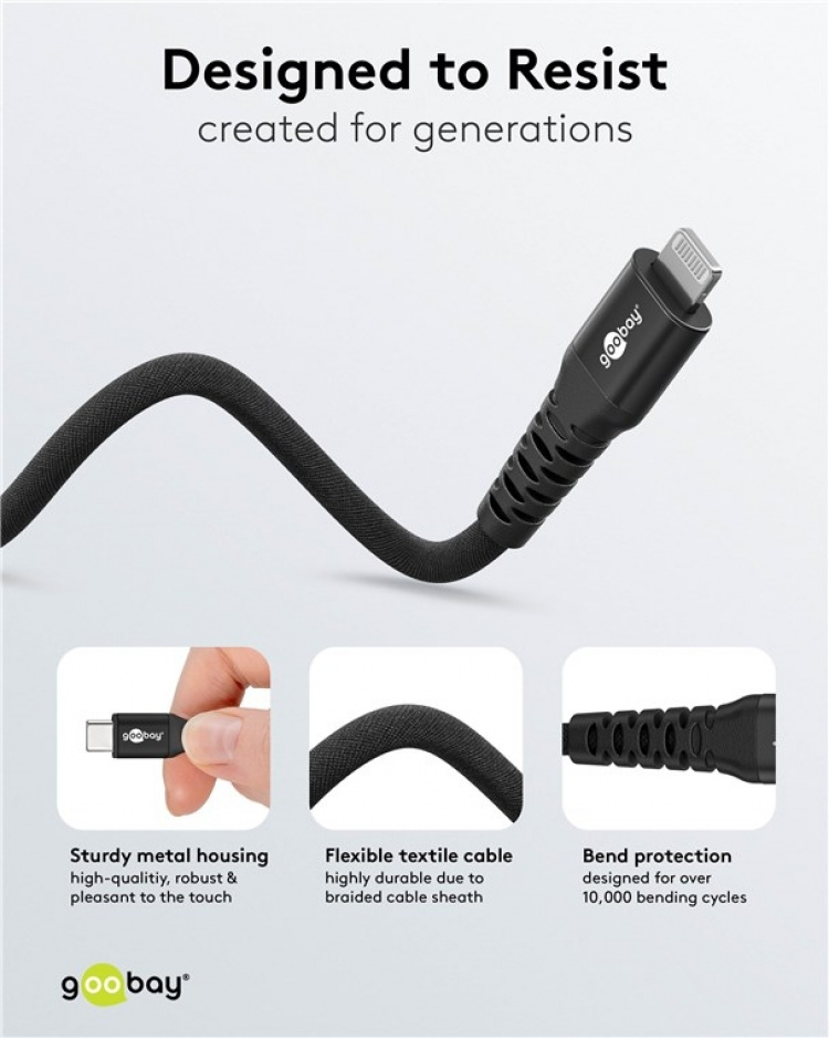 Goobay Lightning-USB-C™ supersoft textilkabel med metallkontakter, 3 m, svart MFi-certifierad, elegant och extra robust laddnings- och synkroniseringskabel för Apple iPhone/iPad (svart) Goobay Lightning-USB-C™ supersoft textilkabel med metallkontakter, 3 m, svart MFi-certifierad, elegant och extra robust laddnings- och synkroniseringskabel för Apple iPhone/iPad (svart)
