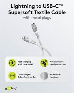 Goobay Lightning-USB-C™ supersoft textilkabel med metallkontakter, 3 m, vit MFi-certifierad, elegant och extra robust laddnings- och synkroniseringskabel för Apple iPhone/iPad (vit)