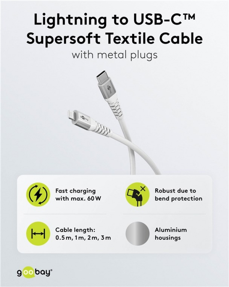 Goobay Lightning-USB-C™ supersoft textilkabel med metallkontakter, 3 m, vit MFi-certifierad, elegant och extra robust laddnings- och synkroniseringskabel för Apple iPhone/iPad (vit)