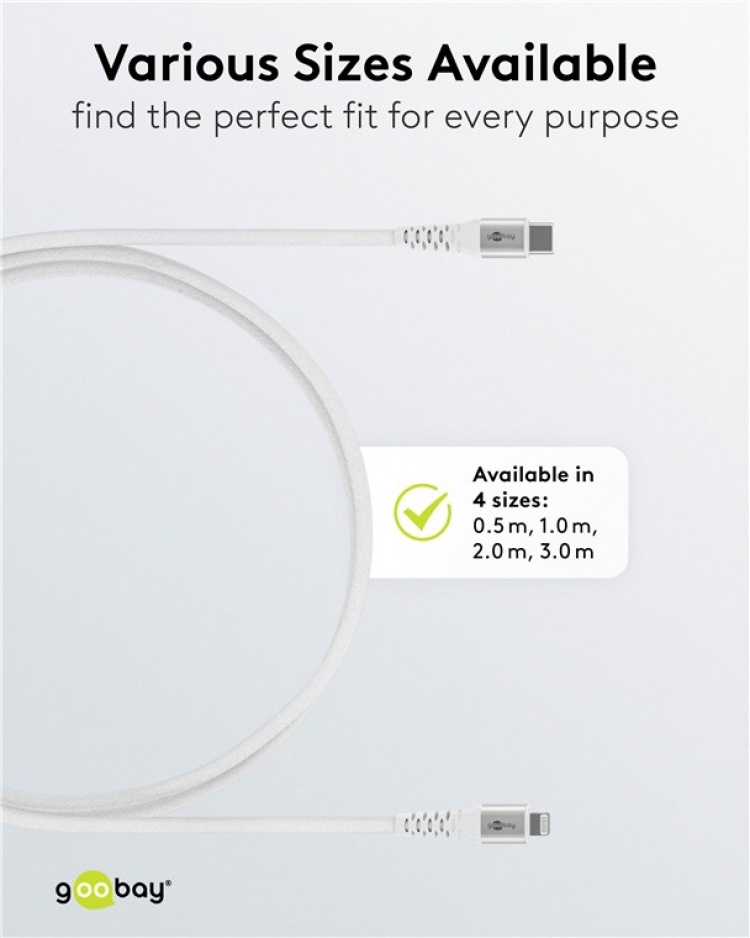 Goobay Lightning-USB-C™ supersoft textilkabel med metallkontakter, 3 m, vit MFi-certifierad, elegant och extra robust laddnings- och synkroniseringskabel för Apple iPhone/iPad (vit)