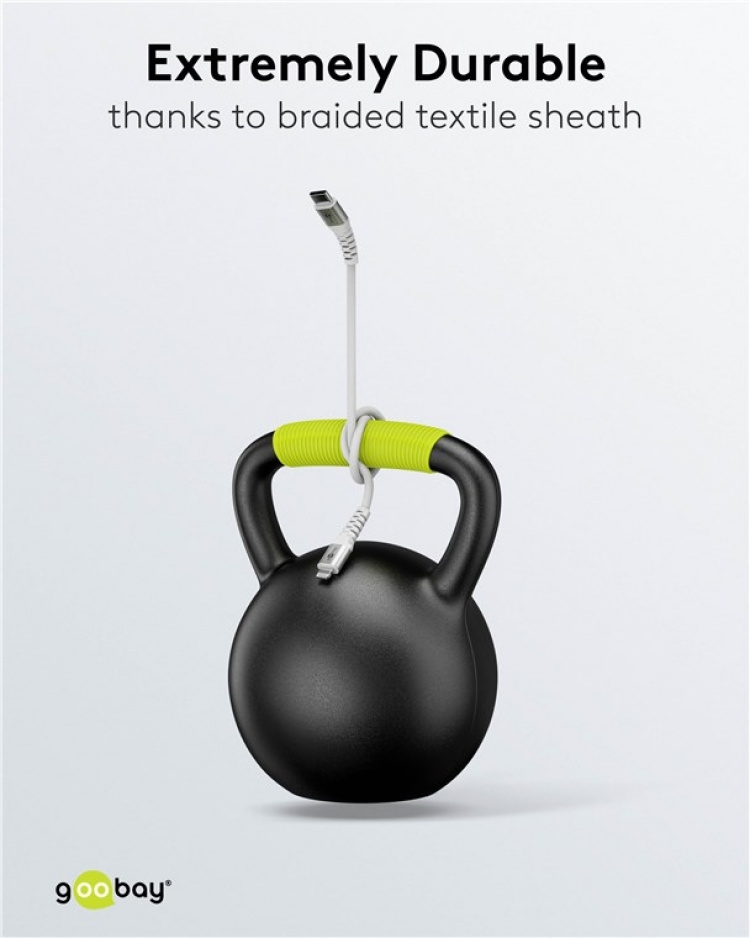 Goobay Lightning-USB-C™ supersoft textilkabel med metallkontakter, 3 m, vit MFi-certifierad, elegant och extra robust laddnings- och synkroniseringskabel för Apple iPhone/iPad (vit)