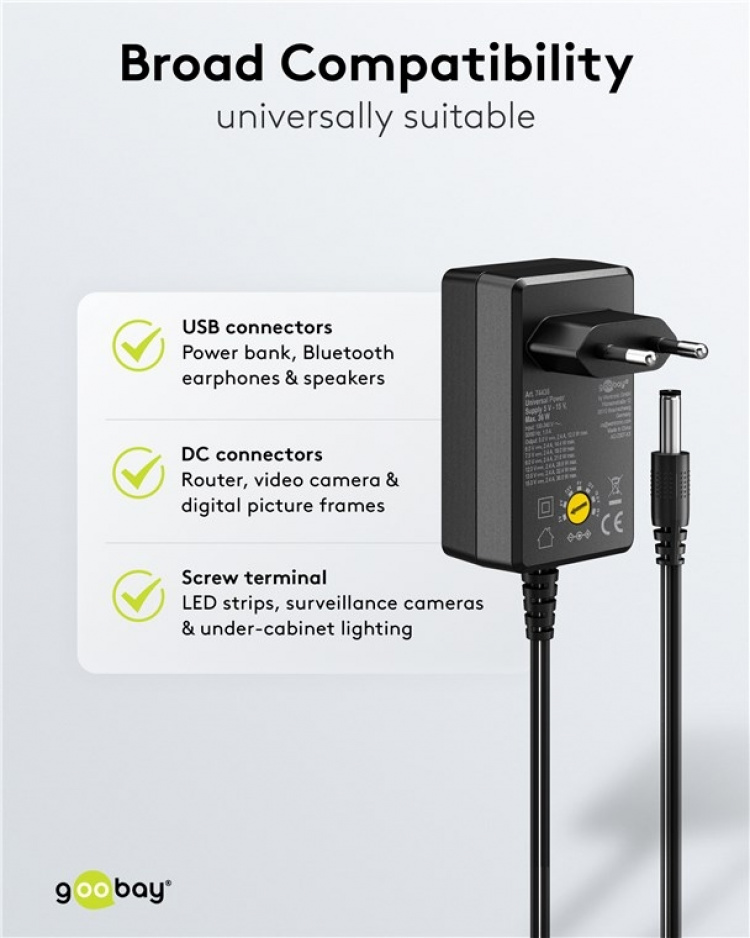 Goobay Universalnätdel 5 V - 15 V, max. 36 W / 1,0 A inkl. 11 adaptrar: 7 DC-adaptrar plus USB-C™, USB-A, USB Mini-B, Micro-USB och terminalblock