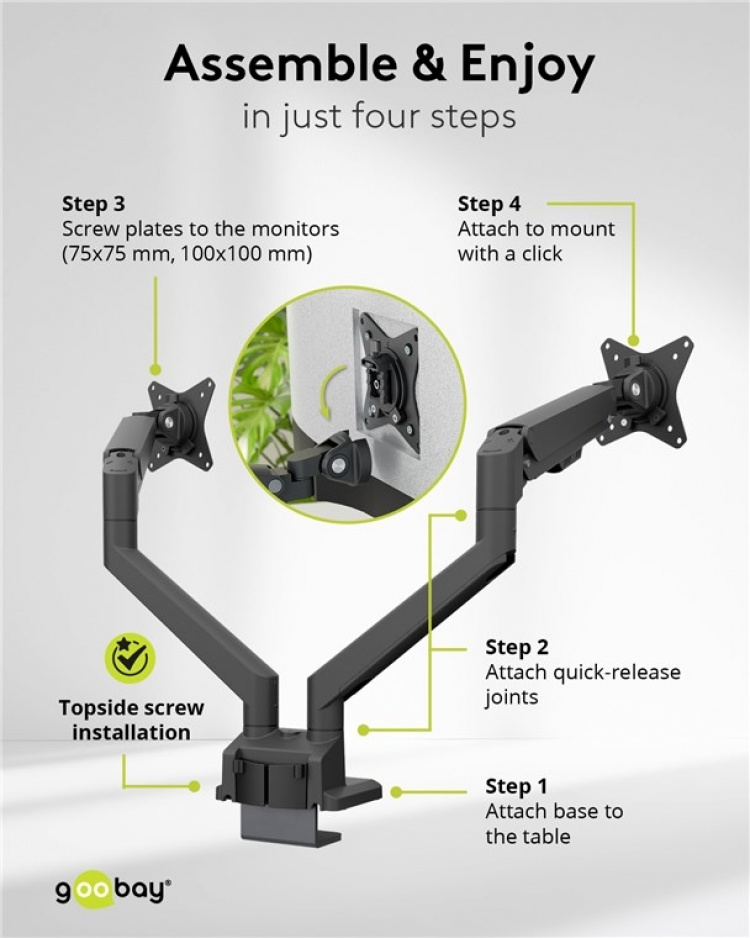 Goobay Dubbel skärmfäste med gasfjäder, svart för bildskärmar från 17 till 32 tum (43 - 81 cm), max. 9 kg per bildskärm, enkel snap-in-montering av armarna Goobay Dubbel skärmfäste med gasfjäder, svart för bildskärmar från 17 till 32 tum (43 - 81 cm), max. 9 kg per bildskärm, enkel snap-in-montering av armarna