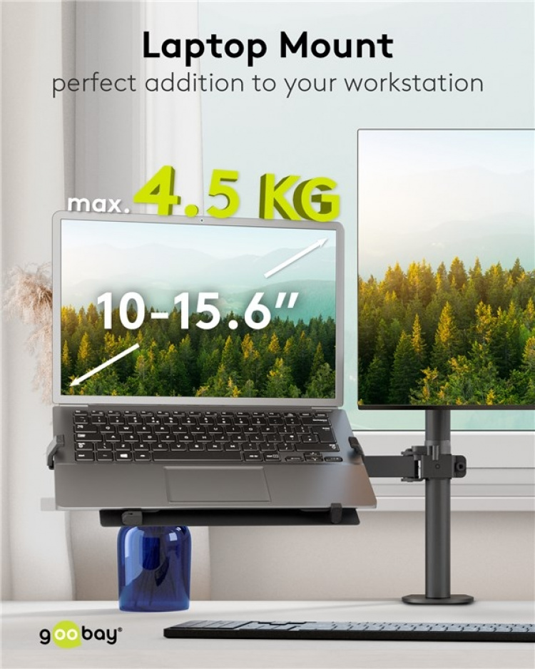 Goobay Laptopfäste för monitorarm, svart för bildskärmar från 10 till 15,6 tum (25 - 40 cm), max. 4,5 kg, för montering på ett bildskärmsfäste