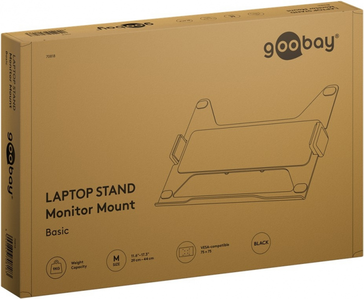 Goobay Deluxe laptopfäste för monitorarm, svart för bildskärmar från 11,6 till 17,3 tum (29 - 44 cm), max. 9 kg, för montering på ett bildskärmsfäste