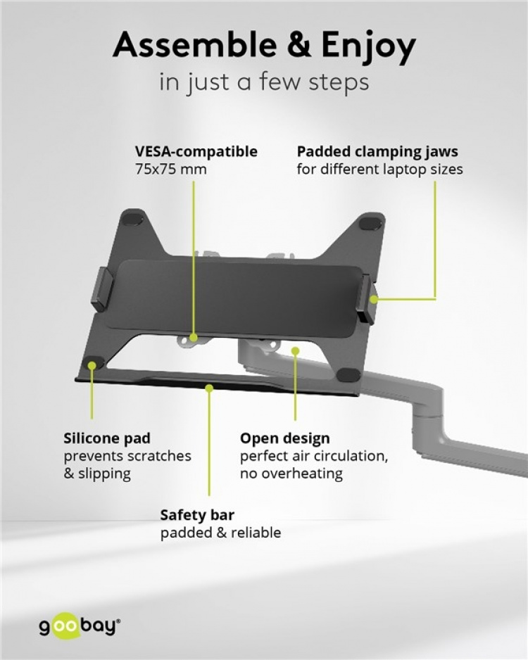 Goobay Deluxe laptopfäste för monitorarm, svart för bildskärmar från 11,6 till 17,3 tum (29 - 44 cm), max. 9 kg, för montering på ett bildskärmsfäste