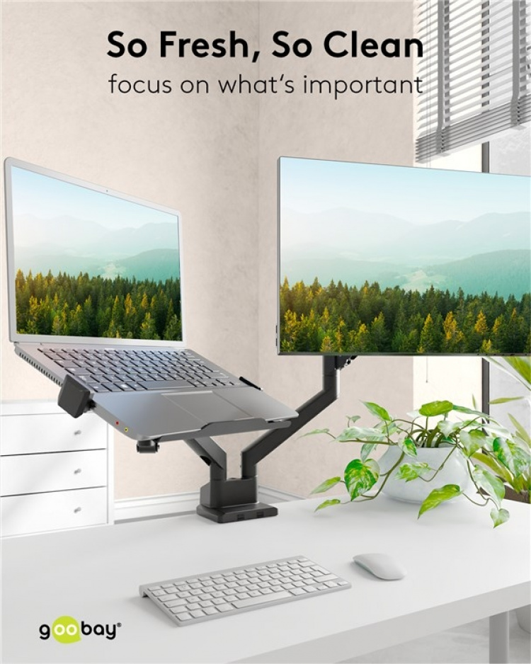 Goobay Deluxe laptopfäste för monitorarm, svart för bildskärmar från 11,6 till 17,3 tum (29 - 44 cm), max. 9 kg, för montering på ett bildskärmsfäste