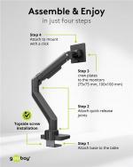 Goobay Single skärmfäste Gaming med gasfjäder, svart för XL-skärmar från 17 till 49 tum (43 - 124 cm), max. 20 kg, kraftigt fäste för tunga gaming och böjda skärmar, enkel snap-in-montering av armarna
